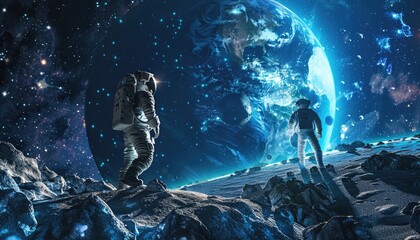 Wall Mural - two astronauts contemplating earth from a distant planet