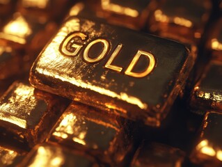 Close-up of shiny gold bars showcasing the word 'GOLD' embossed on them.