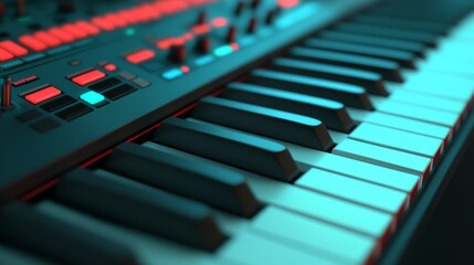 Close-up of a modern keyboard showcasing vibrant backlighting and polished keys, perfect for music production and electronic sound.