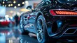 © Joachim - A close-up shot of a sleek black luxury car showcasing its elegant curves and polished finish under bright exhibition lights at a prestigious car show event.