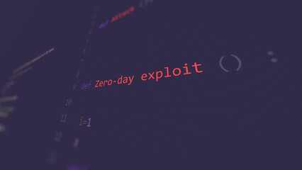zero-day exploit text, cyber attack in foreground screen, hands of a anonymous hacker on a led keybo