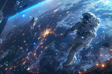 Wall Mural - astronauts floating in space near earth with city lights