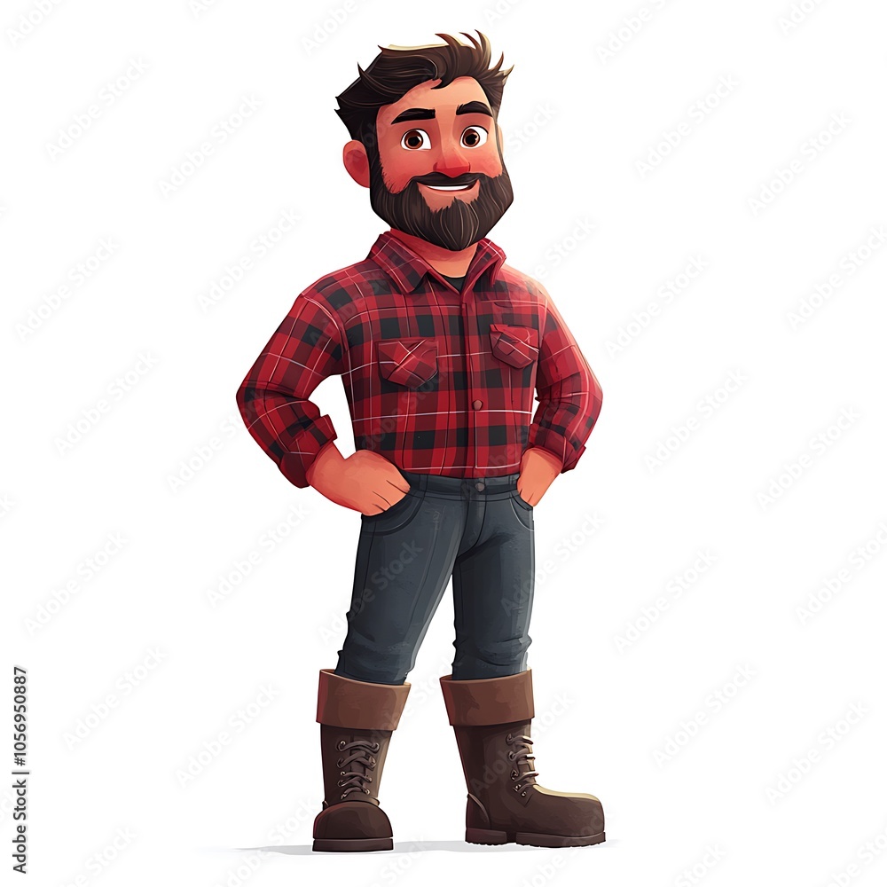 Cartoon guy in a rugged lumberjack look, with a flannel shirt and boots ...