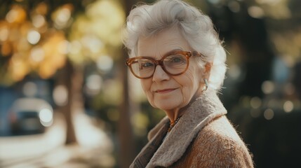 portrait of an elegant senior woman with short gray hair, wearing tortoiseshell glasses and a warm coat, smiling softly while standing outside on a sunny autumn day. Exudes grace, wisdom, and warmth