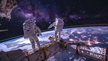 Wall Mural - two astronauts standing on a space station overlooking earth