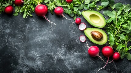 Wall Mural - Fresh Radishes and Avocado on Dark Background