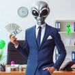 © Ayahe Stock - grey businessman alien with dollars money, cash, currency, finance, wealth