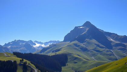 Mont Cenis mountain range in France. High peaks, lush green slopes, and clear blue sky capture the beauty and tranquility of nature isolated with white shades, png