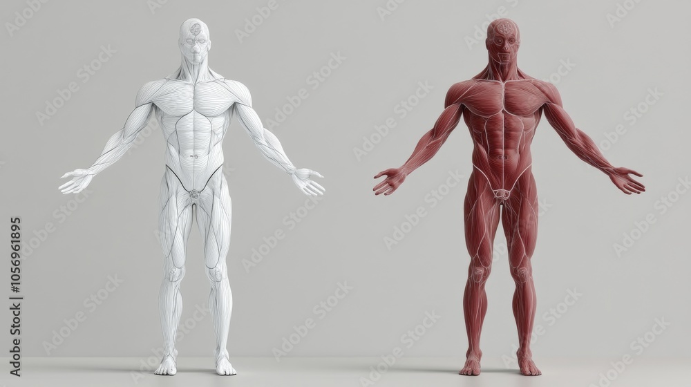 Muscle Direction Model Two anatomical models showcase the human form, highlighting muscle ...