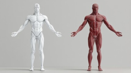 two anatomical models showcase the human form, highlighting muscle structure and design in a minimal