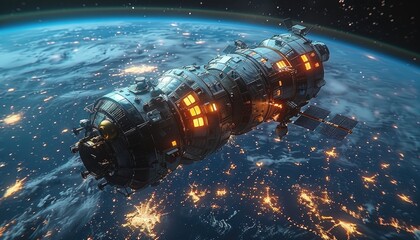 Wall Mural - futuristic spacecraft orbiting earth with city lights