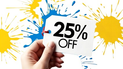 A vibrant and eye-catching illustration of a hand holding a 25% off sale tag. Big Savings. Discount. Limited Time Offer. Exclusive Deal. Black Friday. 7