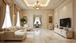 © mac - A modern , luxurious and European-style living room with luxurious beige walls and a cream ceiling, accented with intricate molding details.