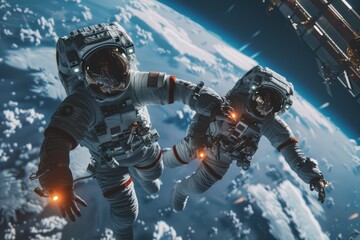 Wall Mural - two astronauts floating in space with earth in the background