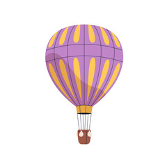 Hot air balloon flying up. Hotair baloon with basket floating. Aerostat travel, adventure. Retro transport, airship soaring. Flat graphic vector illustration isolated on white background