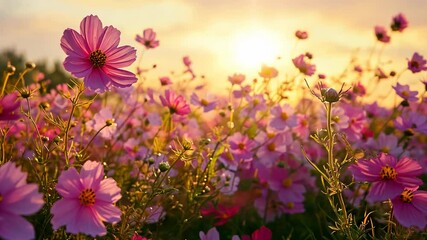 Wall Mural - Pink cosmos flowers sway gently in the warm afternoon sunlight