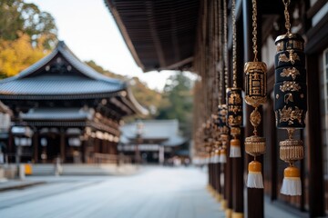 A close-up view of intricate decorative elements hanging outside a traditional Japanese temple, highlighting cultural heritage and artistry.