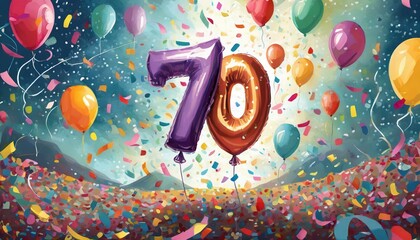 Birthday / anniversary balloon, number 70, colorful illustration with confetti and festive decoration