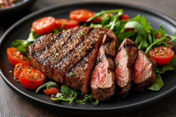 A delicious plate of grilled steak, perfectly cooked and sliced, served with fresh cherry tomatoes and a bed of mixed greens, showcasing a balanced culinary delight.