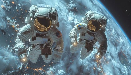 Wall Mural - two astronauts floating in space over a planet