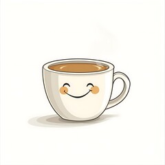 Cartoon cup of coffee with a face smiling on a white background.