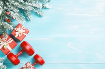 Wall Mural - holiday fitness setup with gym and christmas items on wooden desk