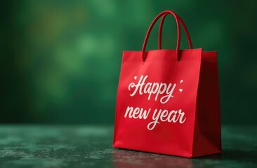 red bag with inscription happy new year on wooden surface on green festive background.