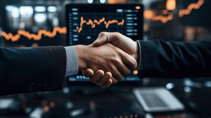 Business handshake between two individuals in a corporate setting with financial charts on a monitor in the background.