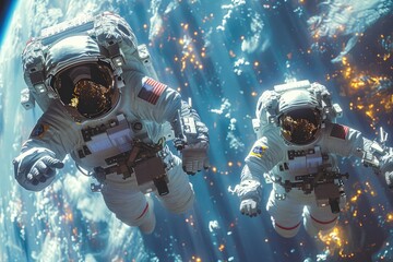 Wall Mural - two astronauts floating in space with earth in background