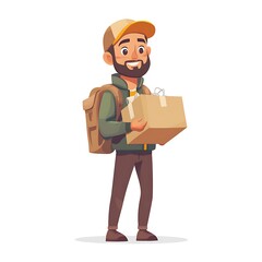 Cartoon delivery man holding a shopping parcel on a white background.