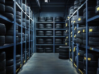 A dimly lit warehouse filled with neatly stacked shelves of tires, showcasing a structured and organized tire storage system.