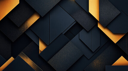 Abstract geometric composition of overlapping black and gold textured rectangles and squares with a layered effect