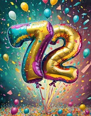 Birthday / anniversary balloon, number 72, colorful illustration with confetti and festive decoration