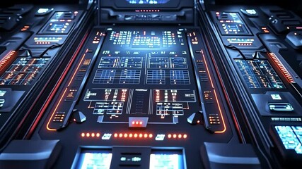 A futuristic control panel with glowing lights and digital displays