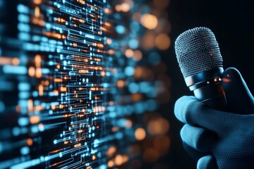 A gloved hand holds a microphone with a complex digital interface in the background, suggesting themes of technology and communication, innovation, futuristic ideas.