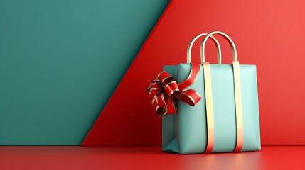 3D Festive Gift Bag with Ribbon on Colorful Background. Christmas Theme