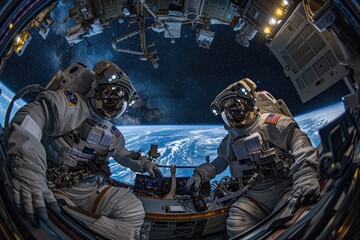 Wall Mural - two astronauts in a spacecraft looking out at earth and stars