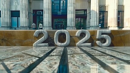 Celebrating the arrival of the new year 2025 with bold stone letters displayed prominently in front of an elegant architectural background, marking beginning of new chapter and fresh opportunities