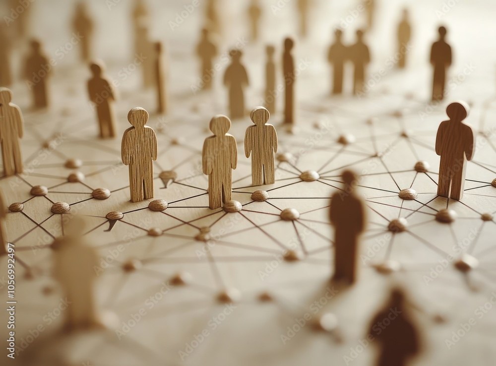 Wooden figures representing people standing on an intricate flowchart ...