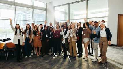 diverse group at seminar happily waving inside modern conference room with large windows and bright 