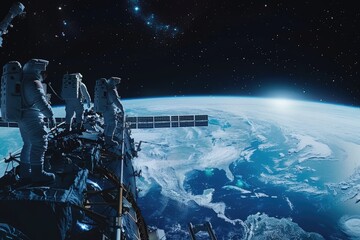 Wall Mural - astronauts on a space station orbiting earth