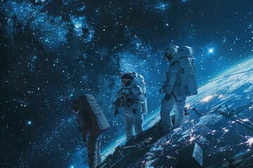 Wall Mural - three astronauts looking out over earth from spacecraft