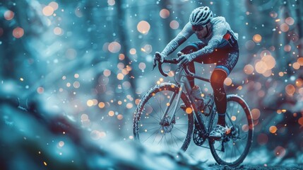 A professional cyclist rides a bike on snow-covered roads. Winter bike tour