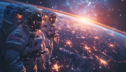 Wall Mural - astronauts in space suits with american flag patch against a planet earth background