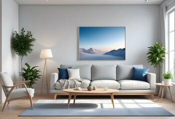 Modern Interior Poster Frame Mockup in Contemporary Living Room - 3D Render, Minimalist Poster Frame Mockup in a Modern Living Room - 3D Render Design