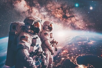Wall Mural - two astronauts floating in space above earth with the milky way galaxy in the background