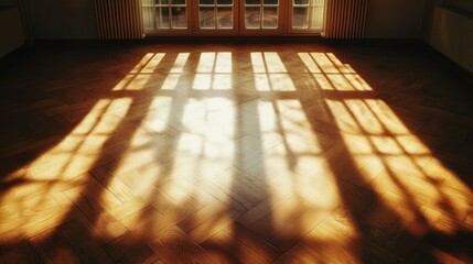 Minimalist empty room with soft sunlight coming through a window, casting gentle shadows across a textured wooden floor.