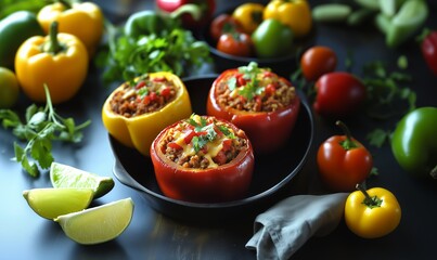 Colorful stuffed bell peppers filled with seasoned meat and vegetables on a dark wooden table