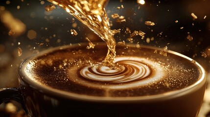 Canvas Print - Powdered milk streaming into a coffee cup, hand in focus as latte art swirls form on the dark coffee.