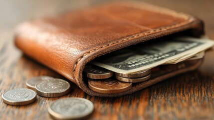 Open wallet filled with cash and coins, representing daily expenses and financial transactions, emphasizing consumer spending habits